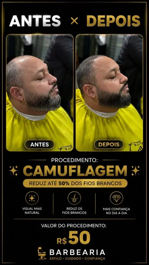 Antes e depois de camuflagem de fios brancos na barba, El Dourado Barbershop