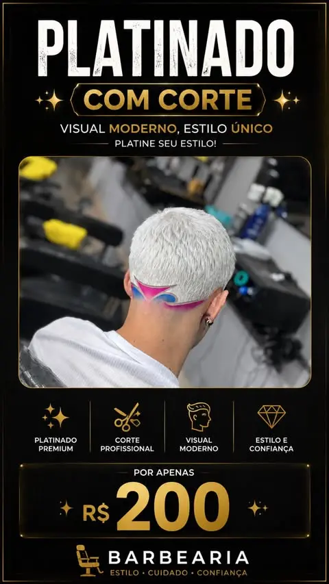 Corte platinado premium com desenho no degradê, El Dourado Barbershop